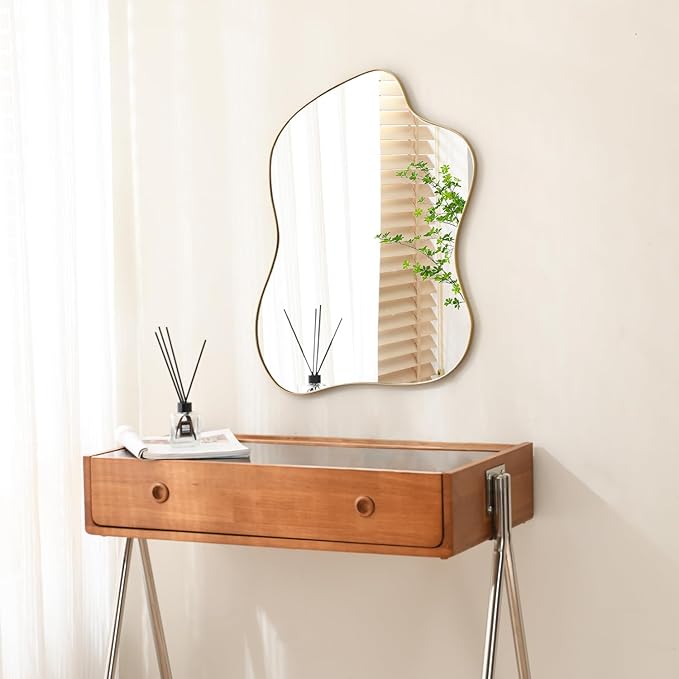 Irregular Wall Mirror Gold Wave Shaped Metal Framed Wall Mirror for Bathroom Bedroom Entryway Living Room Wall Decor 24" L x 18" W 2305Gold