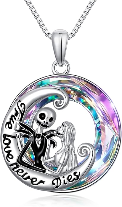 LILALO Christmas Gifts Nightmare Necklace Sterling Silver Abalone Shell Crystal Jack and Sally Necklace Jack Skellington Skull Jewelry Skull Necklaces for Women