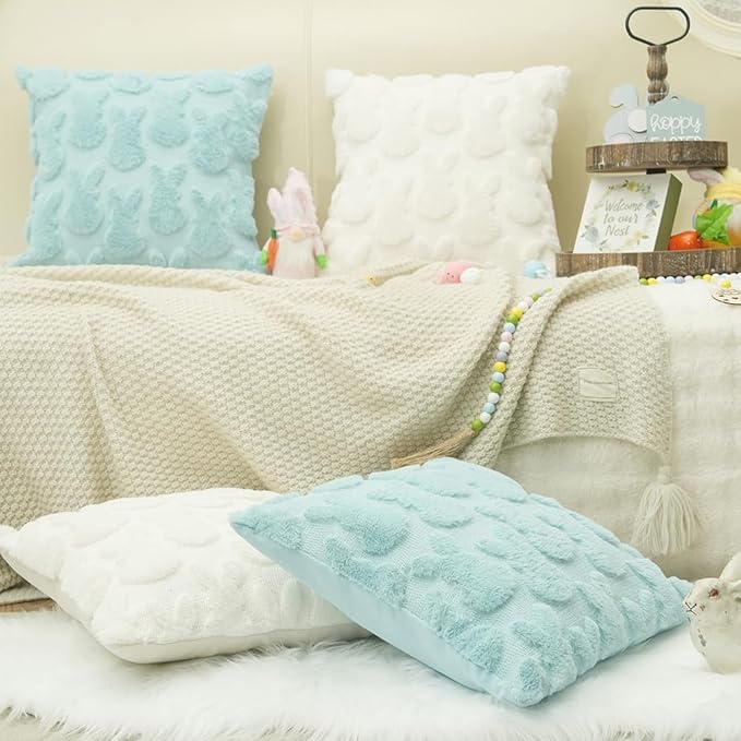 GEEORY Easter Bunny Soft Plush Pillow Covers, 16 x 16 Inch Set of 2, Fluffy Faux Fur Wool Decorative Farmhouse Cushion Case for Sofa Home Decoration Beige GC013-16