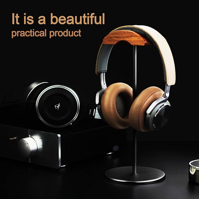 Micool Headphone Stand, Aluminium and Wood Gaming Headset Stand Holder for All Size Headphones with Stable Heavy Base, Headphone Holder for Desk
