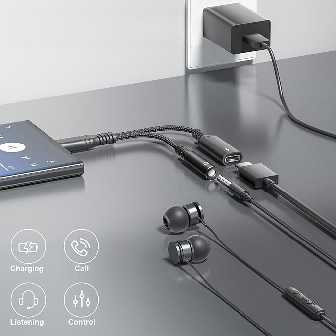 USB-C to 3.5mm Audio Headphone Adapter - HiFi and Charger 2-in-1 Compatible with Apple iPhone 15 Samsung Galaxy S24 S23 S22 S21 S20 Plus Pro Max Ultra Pixel iPad - Type C to Jack Dongle Adapter