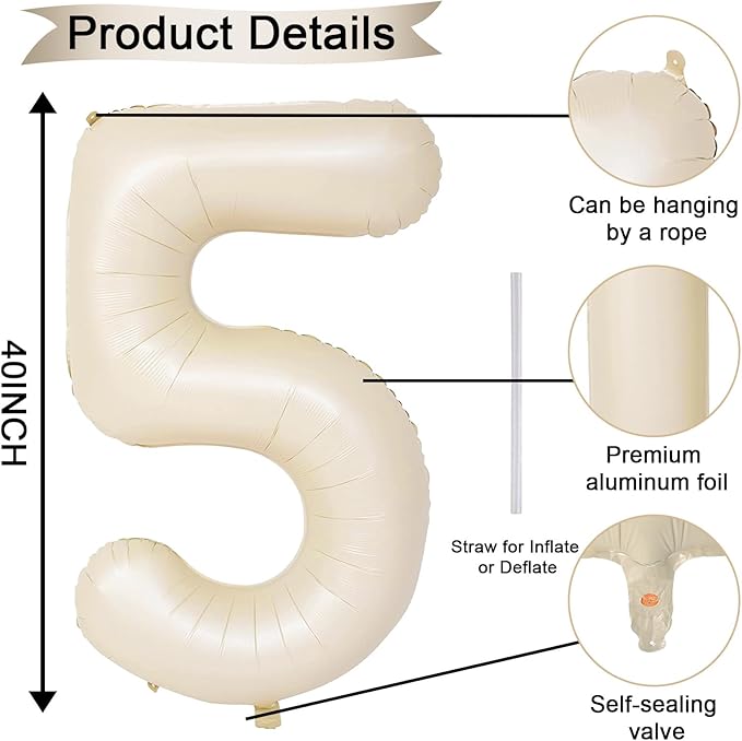 Beige Balloon Number 5, 40 Inch Large Self Inflating Foil Mylar Number Balloons 0-9 for Boys Women, Cream White Digital 5 Helium Balloon for Girls Men 5th Birthday Decorations Anniversary 2025 Party