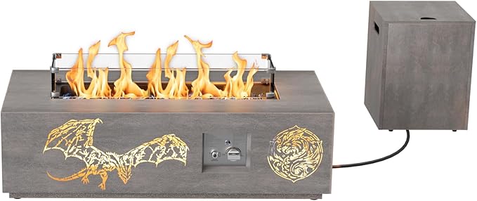 2-Piece 42" LED Rectangular Propane Fire Pit for Outside Patio with Hidden Tank Table, 50,000 BTU Fireplaces with Glass Wind Guard, Lid, Glass Rocks, Cover(Dragon w/Warm Light