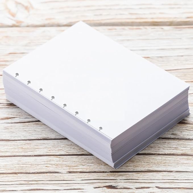 Junior Size Blank Refill Paper, A5 8-Disc Discbound Blank Filler Paper, 100Sheets / 200Pages Blank Paper, 100gsm White Paper, 5.8 x 8.3 in