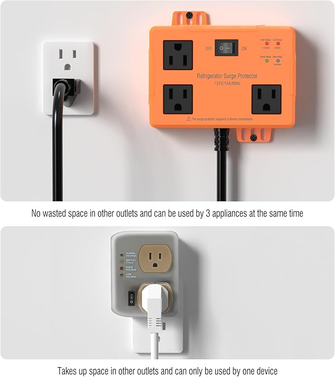 3 Outlet Refrigerator Surge Protector with Time Delay, Voltage Protector for Home Appliances, Protects Against Brownout, Spike, Instant Surge All Voltage Abnormalities, 14 AWG Power Cord (2FT)