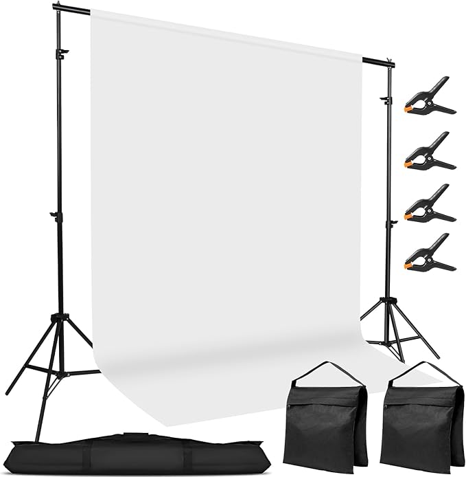 Adjustable Photography Backdrop Stand Kit 10x7ft(WxH) – Photo Studio Background Support with 4 Crossbars, 4 Clamps, 2 Sandbags, (with 10 * 7 Feet White Backdrop Curtain)