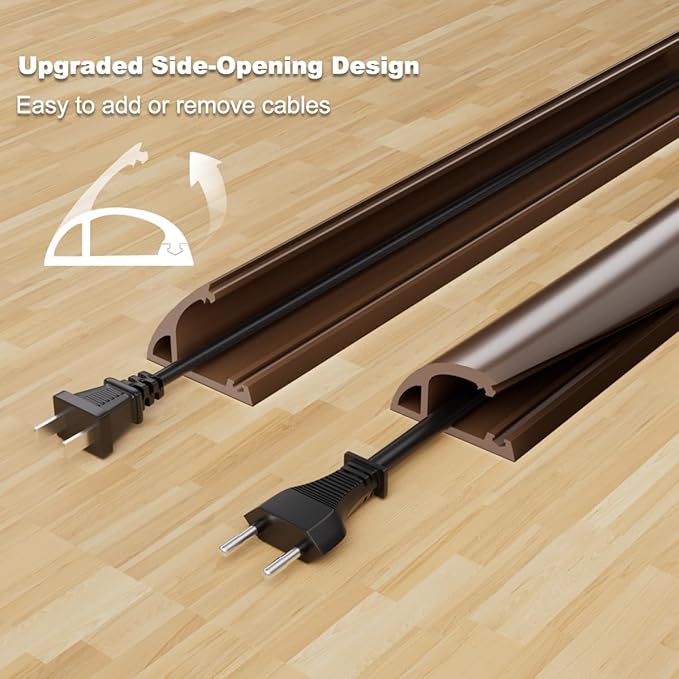 Kneelisa 6FT Side-Open Extension Cord Covers for Wires on Floor,Silicone Power Cable Protector Cord Hider Management Strip,Hide Electric Wire on Carpet,Chord Runner Protective Safety Wiremold,Brown