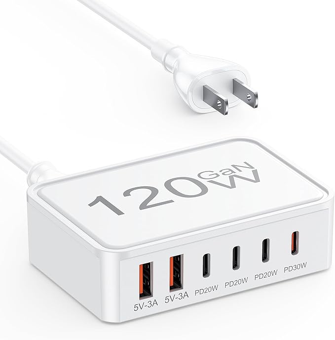 Otovoda 120W USB C Charger Block, 6 Port USB Charging Station for Multiple Devices, 5FT Desktop Multi Charging Hub Compatible with iPhone Samsung ipad, for Travel Home Office