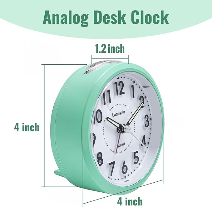 Lamisola 4 Inch Analog Battery Alarm Clock for Seniors, Small Desk Bedside Nightstand Vintage Clock, Alarm Clocks for Bedrooms Bathroom Kithchen Home Office Decor, Large Display for Elderly, Mint