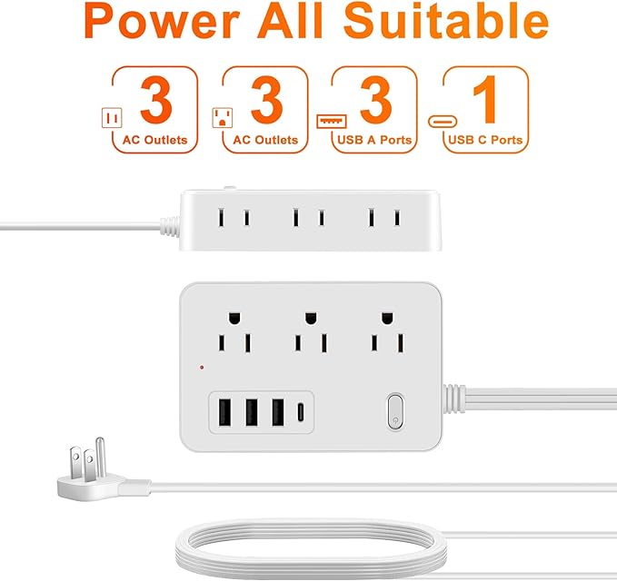5FT Surge Protector Flat Extension Cord Flat Plug Power Strip, 6AC Outlets, 4 USB Charger(1 USB C Port), 1700 Joules Protection, Office Supplies, Dorm Room Essentials