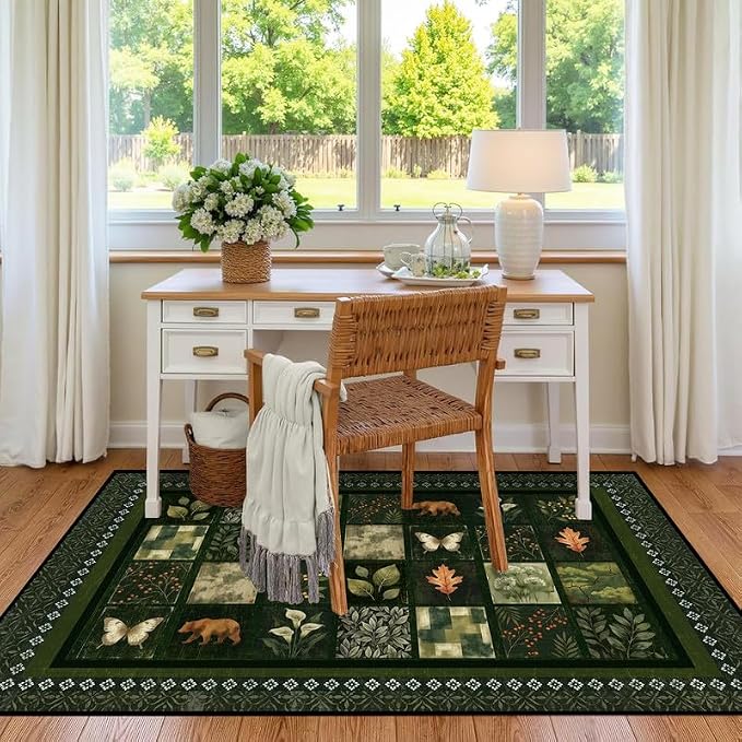 4'x6' Vintage Green Botanical Area Rug Non-Slip Washable Nature Patchwork Carpet Boho Floor Mat Rugs for Bedroom Living Room Nursery Kitchen Playroom Home Decor