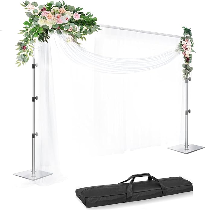 EMART Backdrop Stand, 8.5x10ft Width Adjustable Photography Background Support Poles with Heavy Duty Flat Base, Photo Metal Steel Pipe and Drape Frame Kit for Parties Birthday Wedding - Silver