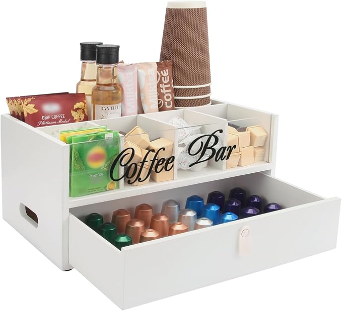 Intarsio 2-Tier Coffee Bar Organizer with Clear Acrylic Top, Built-in Drawer and Leather Handle Pull for Countertop, Stylish Coffee Station Storage Box for Accessories, Pods, Great Gifts for Home