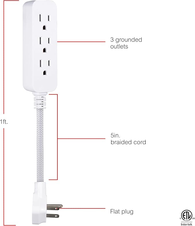GE 3-Outlet Power Strip Surge Protector 5 Inch Braided Extension Cord with Multiple Outlets Grounded Flat Plug ETL Listed White 45190
