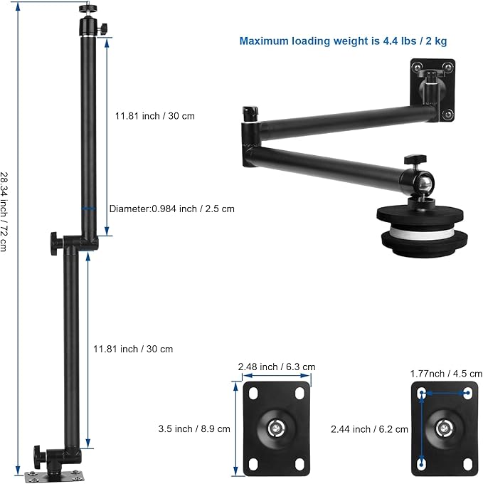 Articulating Camera Wall Mount with 1/4"-20 Threaded Compatible with DSLR/Security/Webcam/Action/LED Light/CCTV POV Camcorder Cameras,Adjustable Aluminium Alloy Arm Metal Base