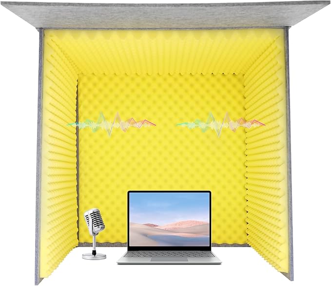 Desktop Soundproof Cover 31" H X 31" W X 31" L Recording Booth Portable Vocal Recording Booth with Double Sound Insulation Vocal Sound Absorbing Shield for Recording Studios, Offices（Yellow+Gray）