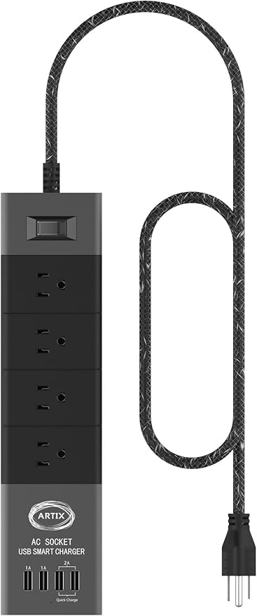 Power Strip Surge Protector by Artix NRGPower C500, Aluminum with Scratch-Proof Rubber Protective Outlets, 4 Outlets and 4 USB Ports, iSmart Technology Charging Station (Black & Gray)