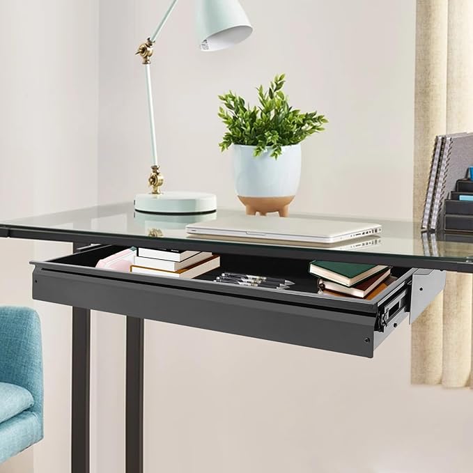 LEYSRIS 33.3" Under Desk Storage Drawer, Black Sliding Pull-Out Drawer for Sit Stand Workstation