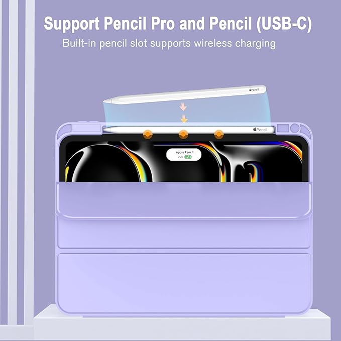 ZryXal iPad Pro 11 Inch Case (M5) 2025/ (M4) 2024 (Model: A2836/A2837/A3006), Trifold Stand Smart Cover with Pencil Holder and Soft TPU Back, Auto Wake/Sleep (Light Purple)