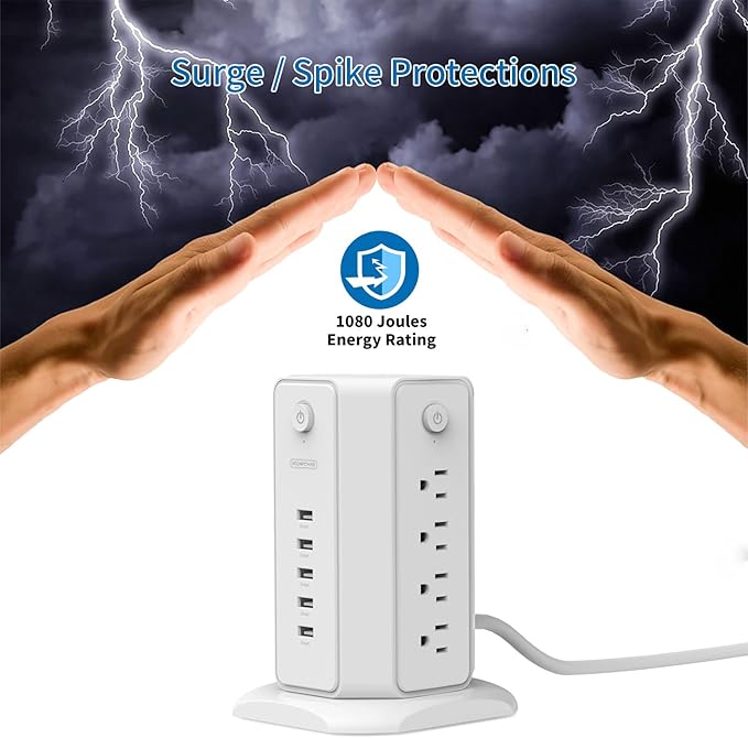 Power Strip Tower Surge Protector, NTONPOWER 8 Outlet 5 USB Desktop Charging Station 1625W 13A, 6ft Extension Cord Flat Plug, Individual Switches, 1080 Joules, Overload Protection for Home Office