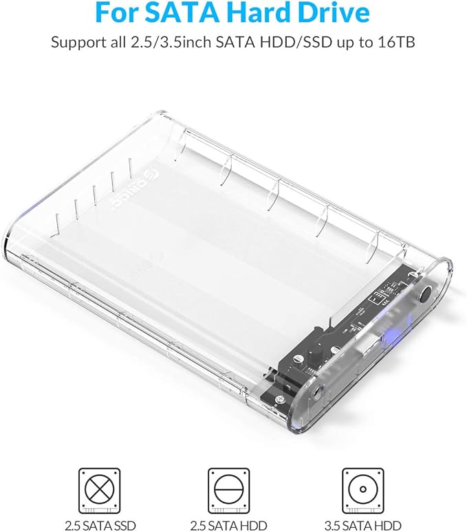 ORICO 3.5 Inch External Hard Drive Enclosure USB 3.0 to SATA 3.0 Enclosure with 12 V Adapter, Tool-Free Assembly, UASP Acceleration, Supports 16TB Max (Transparent 3139U3)