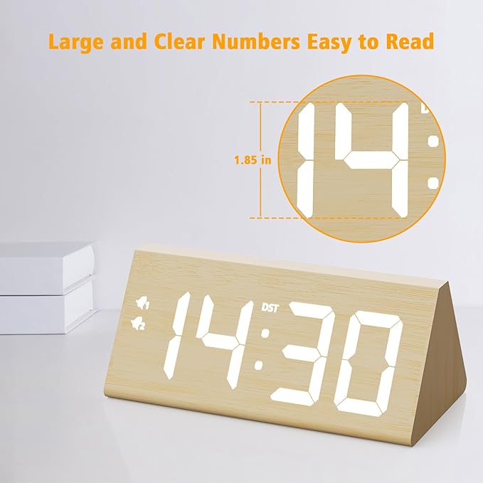 fomobest Wooden Digital Alarm Clock with Dual USB Charging Ports, DST, Dimmable, Snooze, Modern Large Time Display LED Clock for Kids Bedrooms, Living Room, Desk, Table, Bedside, Nightstand (Bamboo)