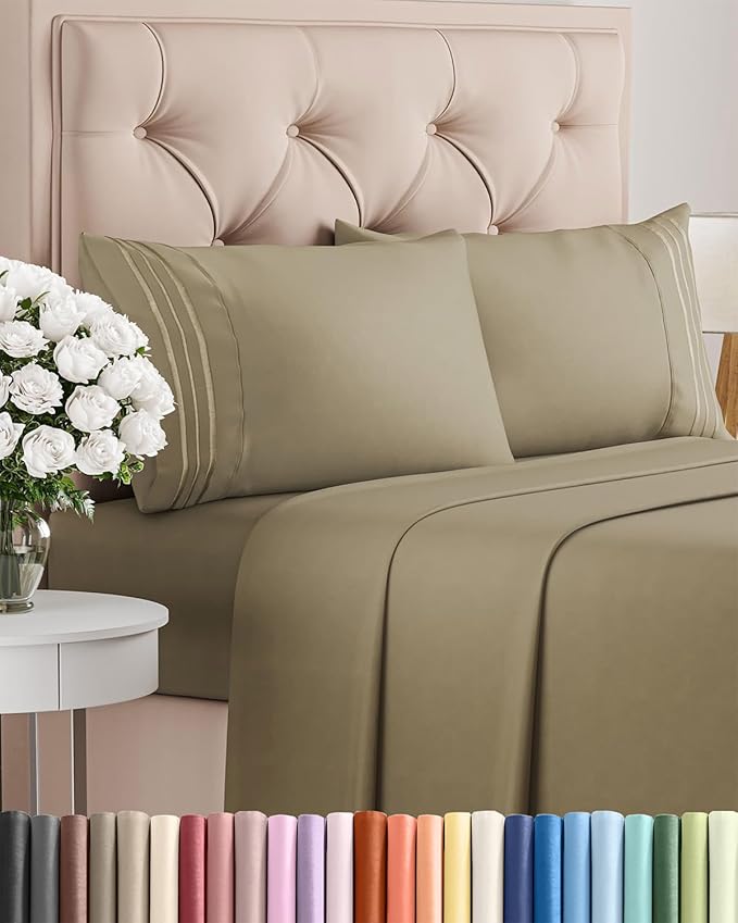 Cal King Size 4 Piece Sheet Set - Comfy Breathable & Cooling Bed Sheets Set - Hotel Luxury Bedding for Women, Men, Kids, Teens, Boys & Girls - Deep Pockets, Ultra-Soft, Wrinkle Free - Oeko-Tex - Khaki