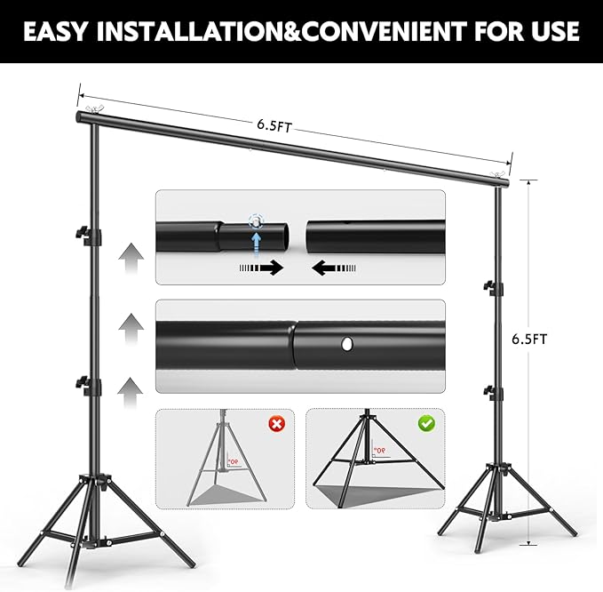 BEIYANG 6.5x6.5 FT Backdrop Stand, Adjustable Photo Background Stand Support kit with Carry Bag for Parties, Decoration, Wedding, Photo Video Studio Shooting