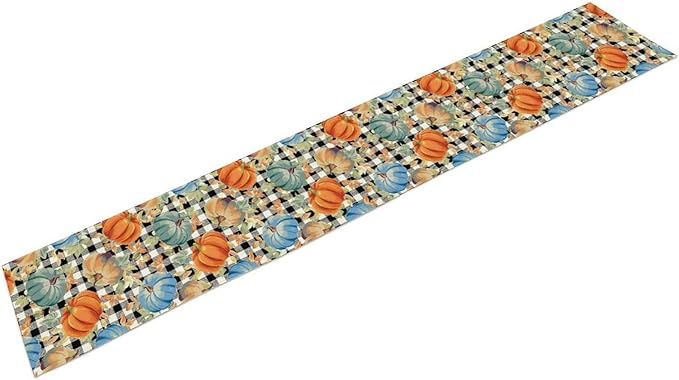 Fall Pumpkin Table Runner Black White Plaid Maple Leaves Watercolor Illustration Rustic Thanksgiving Home Decor for Farmhouse Indoor Outdoor Party Holiday Dining Kitchen Restaurant Cafe W13xL90in