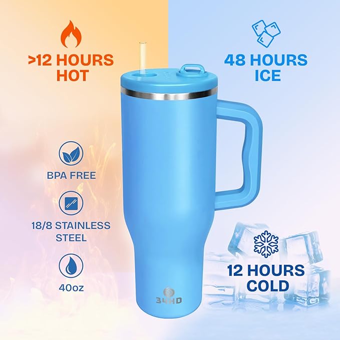 34HD 40 oz Stainless Steel Tumbler - Leakproof Insulated Water Bottle with Handle, Magnetic Lid and Flexible Straw - Iced for 48 Hours – Perfect for Men, Women, Birthday Gift, Blue - Ocean Breeze