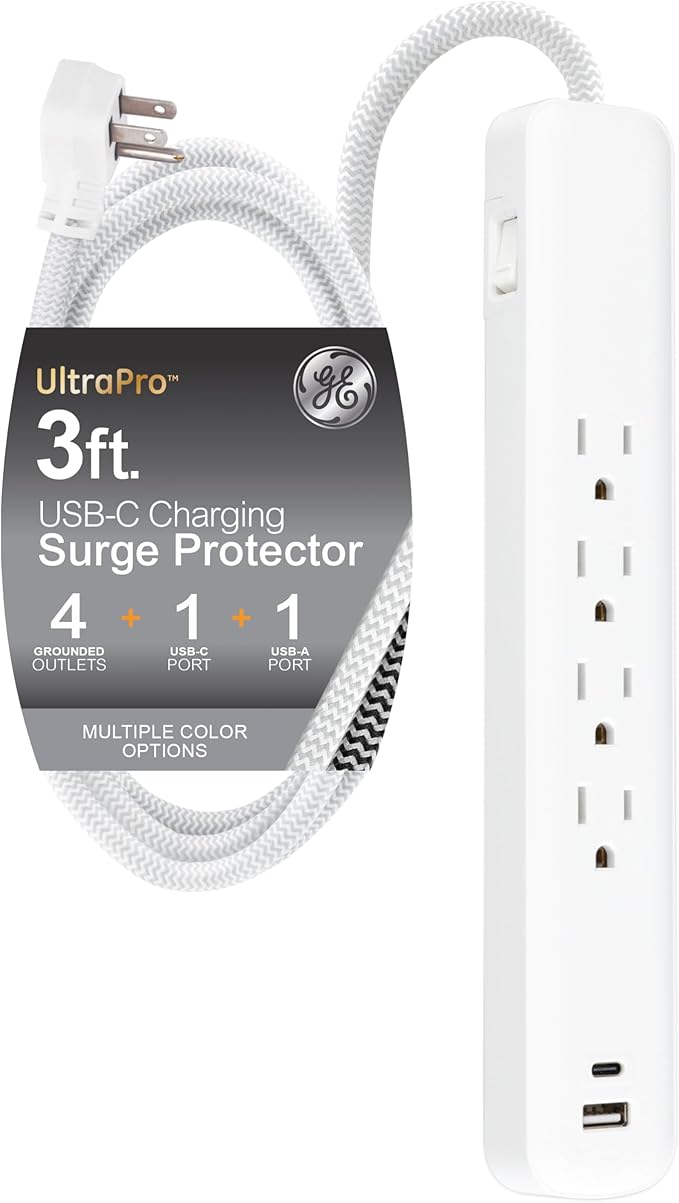 GE UltraPro 4 Outlet Surge Protector, USB-C Charging, 3 ft Designer Braided Cord, 1060 Joules, ETL Listed, White, 41354