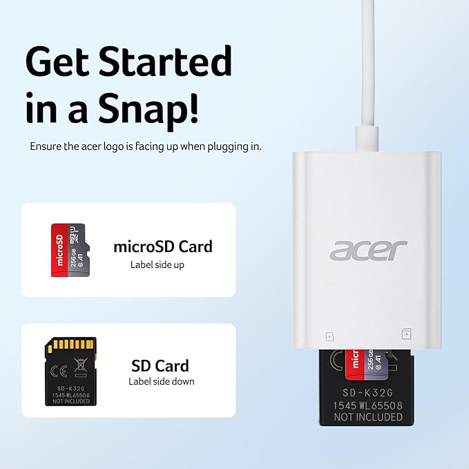 Acer SD Card Reader USB C, Dual Slots Type C to Memory Card Reader, Aluminum Micro SD Card Camera Adapter for MicroSD, SDHC, SDXC, Compatible with iPhone16/15, MacBook, Android, Laptop-Silver