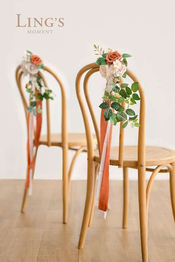 Ling's Moment 8 Wedding Artificial Aisle Pew Flowers Chair Decorations Arrangements With Chiffon Ribbons Sunset Terracotta for Ceremony Reception Chair Back Floral Decor Reception Church Party Outdoor
