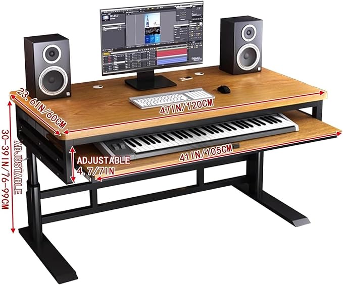 Studio Desk with Keyboard Tray | Hand-Crank Adjustable Standing Desk Workstation for Music Production, Cable Management, MIDI Keyboard Shelf (White, 62in)