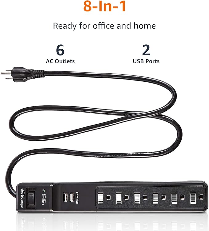 Amazon Basics Surge Protector Power Strip with 6 Outlets,2 USB Ports,1000 Joule,6-Foot Cord Length,Black,(Pack of 6)