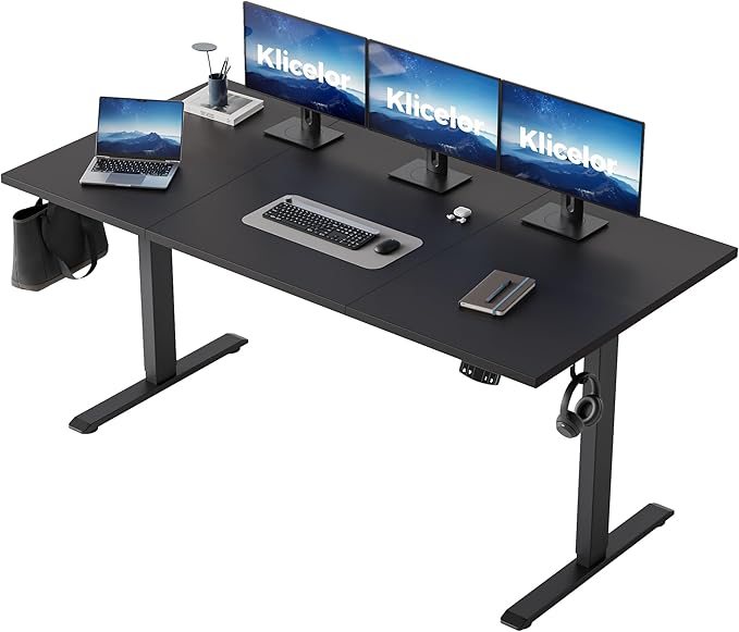 Klicelor 63 Inch Large Electric Standing Desk, Height Adjustable Office Desk, Sit Stand Up Computer Gaming Desk with Memory Preset, Three-Piece Desktop, Black