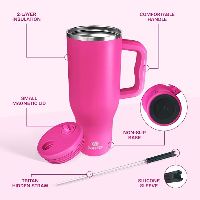 34HD 40 oz Stainless Steel Tumbler - Leakproof Insulated Water Bottle with Handle, Magnetic Lid and Flexible Straw - Iced for 48 Hours – Perfect for Men, Women, Birthday Gift, Pink - Hot Pink