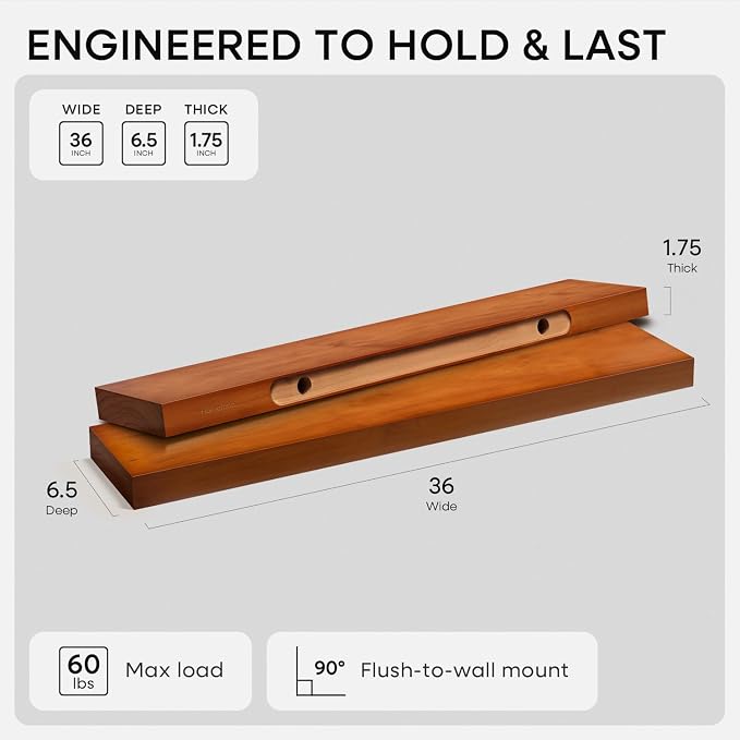 Homeforia Oak Floating Shelves 36 inches Long, High End Solid Real Wood 36 inch Floating Shelf for Room Wall, Honey Oak Wooden 36inch Kitchen Shelves, Heavy Duty Bracket, 36 X 6.5 X 1.75 in, Set of 2