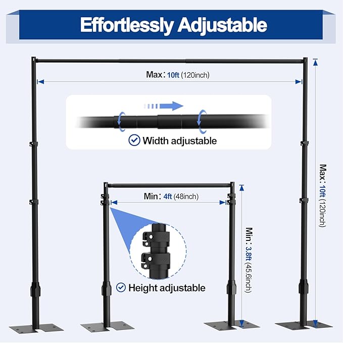 EMART Backdrop Stand Heavy Duty 10x10FT, Pipe and Drape Photo Background Photography Kit, Adjustable Metal Frame with Flat Base for Wedding Birthday Party Decoration-Black