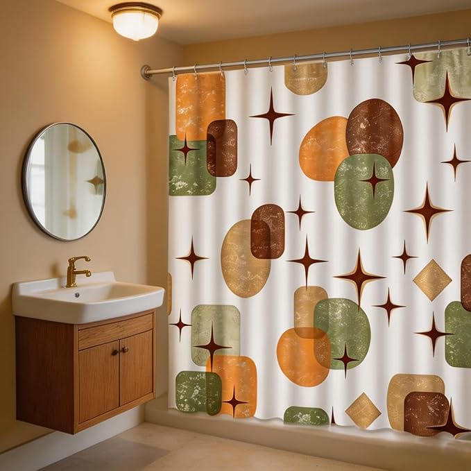 Boho Mid Century Shower Curtain Retro Abstract Geometric Shapes with Starburst Sage Green Beige and Terracotta Fabric Bath Curtain Polyester Bathroom Decor with Hooks (47"X72")