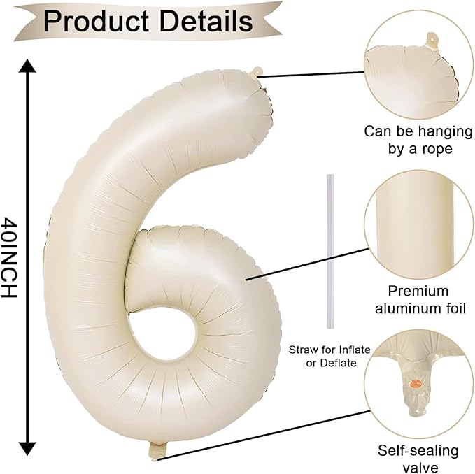 Cream Number Balloons 6, 40inch Large Beige Digital 6 Foil Helium Balloon for Girls Boys, Beige White Self Inflating Number Balloons 0-9 for Men Women Birthday Party Anniversary Decorations