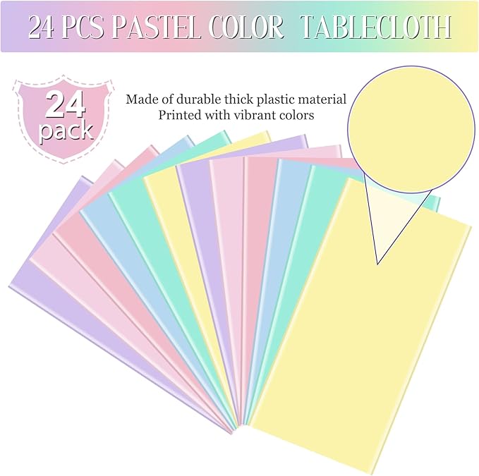 MASHAN 24Pcs Pastel Tablecloths,Plastic Mix Color Tablecloth Disposable Rectangle Table Covers for Baby Shower, Wedding,Girls Birthday Party and Ice Cream Party Decoration,6Color, 54 x 108 Inch