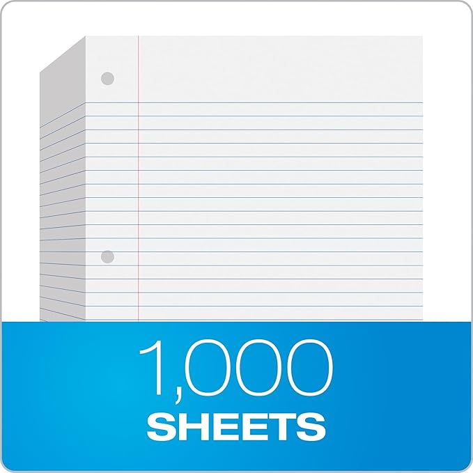 Oxford Filler Paper, 8 x 10-1/2 Inch Wide Ruled Paper, 3 Hole Punch, Loose Leaf Notebook Paper for 3 Ring Binders, 1000 Sheets