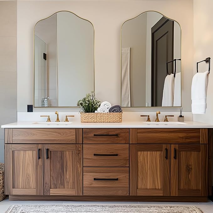 ANDY STAR Brass Scalloped Arched Wall Mirror, 24x36 Brushed Gold Irregular Bathroom Mirror with Curved Design for Vanity, Powder Room, Fireplace, Mantel, with Stainless Steel Metal Frame