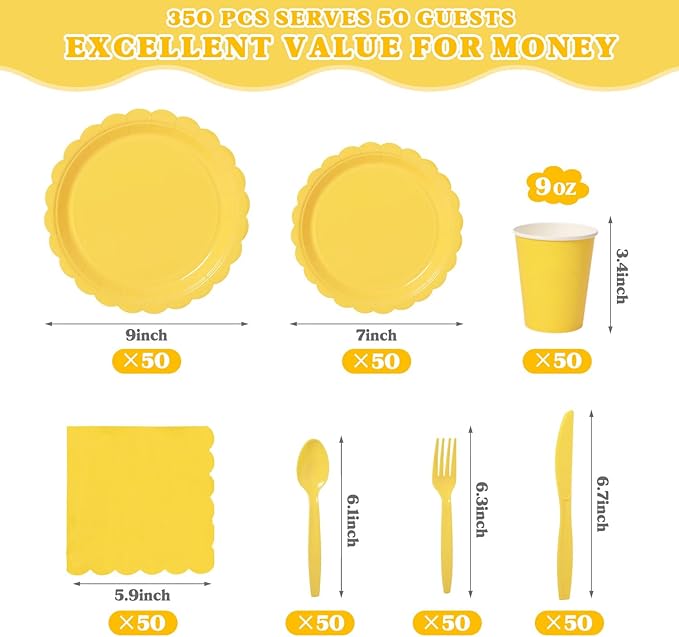 Vyntra 350 PCS Disposable Plates for Party, Paper Plates & Napkins Set with Cups, Knives, Forks, Spoons, 7'' Dessert and 9'' Dinner Plates for Birthday, Picnic, BBQ - Yellow