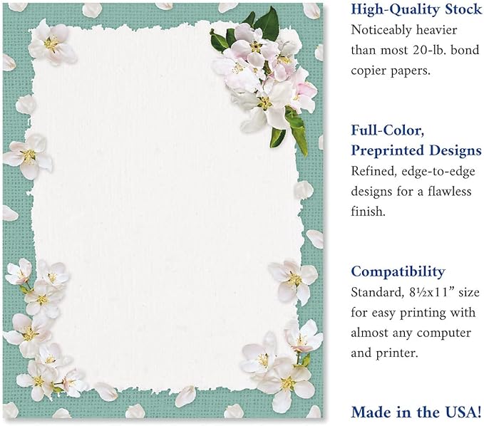 Current White Spring Bloom Floral Letter Paper - Spring Stationery Papers With Decorative Bloom Border, Printable Holiday, Wedding & Bridal Shower, & Invitation Sheets, Set of 25, 8 1/2" x 11"