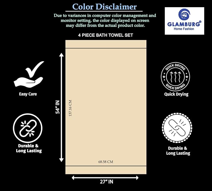 GLAMBURG Premium Cotton 4 Pack Bath Towel Set - 100% Pure Cotton - 4 Bath Towels 27x54 - Ideal for Everyday use - Ultra Soft & Highly Absorbent - Black