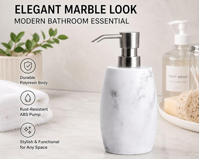 Clasin Home Resin Soap Dispenser Set 2, Refillable Hand Soap Dispenser with White Marble Look and Metallic Pump, Kitchen, Bathroom, Waterproof Labels (12 Oz)