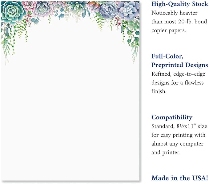 Current Succulent Floral Letter Paper - Spring Stationery Papers With Decorative Succulent Flowers Border, Printable Holiday, Wedding & Bridal Shower, & Invitation Sheets, Set of 25, 8 1/2" x 11"