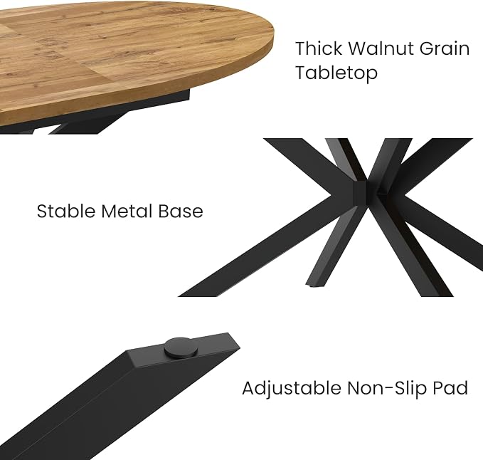 63"-78.7" Extendable Round Dining Table for 4-6 People, Mid Century Modern Oval Kitchen & Dining Room Table with Metal Frame, Large Folding Dining Table for Dining Living Room Space Saving, Walnut